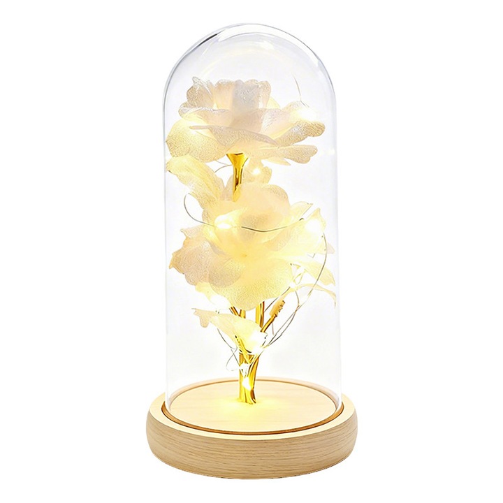 Букет от запазени рози с LED, 2 рози, стъкло, 22x11см, златист