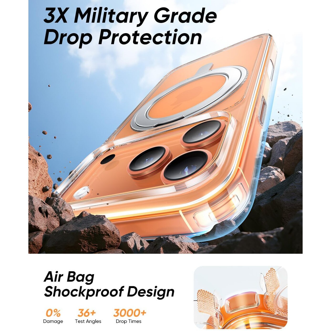 Husa pentru iPhone 17 Pro Max cu suport rotativ 360, protectie din sticla securizata pentru ecran si camera, CASEDANCE, Magsafe - transparent