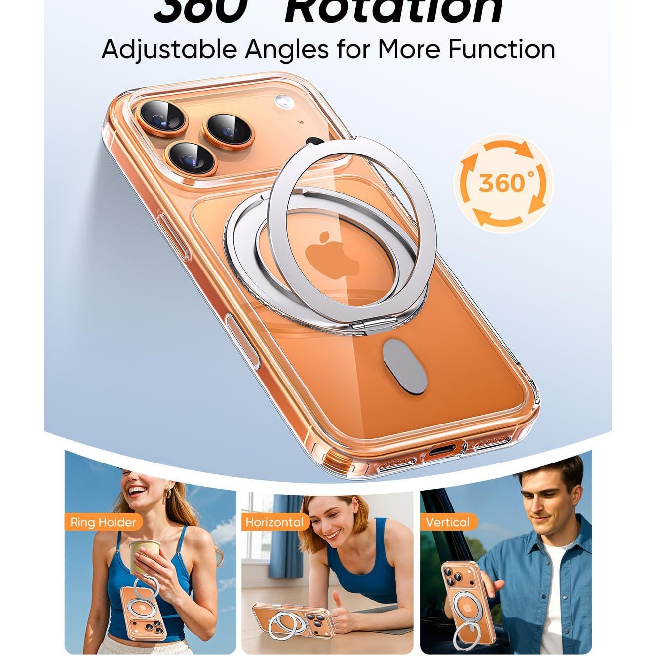 Husa pentru iPhone 17 Pro Max cu suport rotativ 360, protectie din sticla securizata pentru ecran si camera, CASEDANCE, Magsafe - transparent