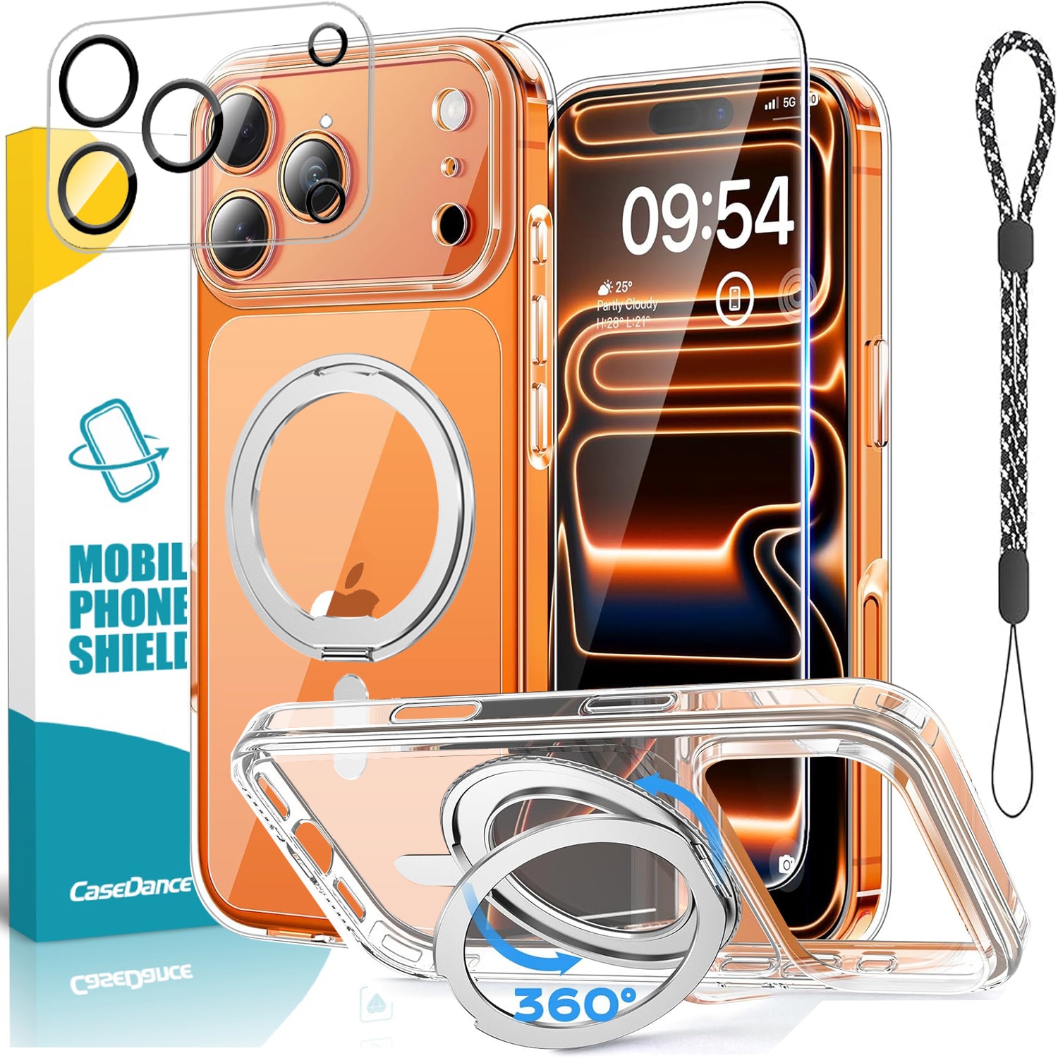 Husa pentru iPhone 17 Pro Max cu suport rotativ 360, protectie din sticla securizata pentru ecran si camera, CASEDANCE, Magsafe - transparent