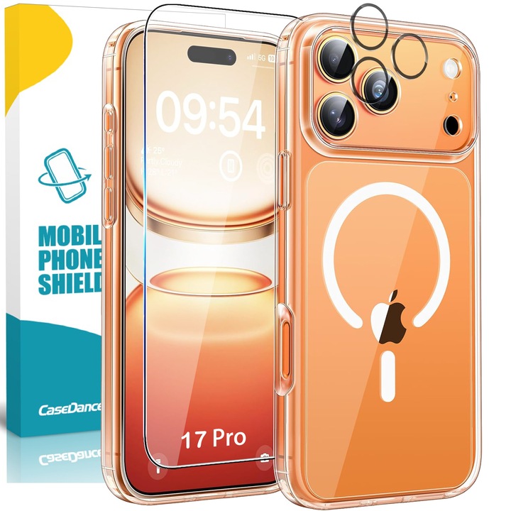 Калъф CASEDANCE за iPhone 17 Pro, комплект протектори за екран и камера от закалено стъкло, Magsafe - Прозрачен