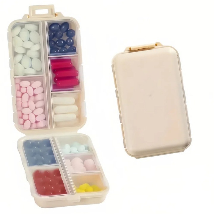Organizator de pastile, Xiusaqio, 10 compartimente, compact, portabil, crem galben