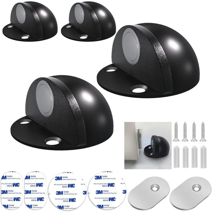 Set de 4 opritoare magnetice pentru usi, Xiusaqio, din otel inoxidabil, cu suruburi si adeziv 3M, forma de dom, negru