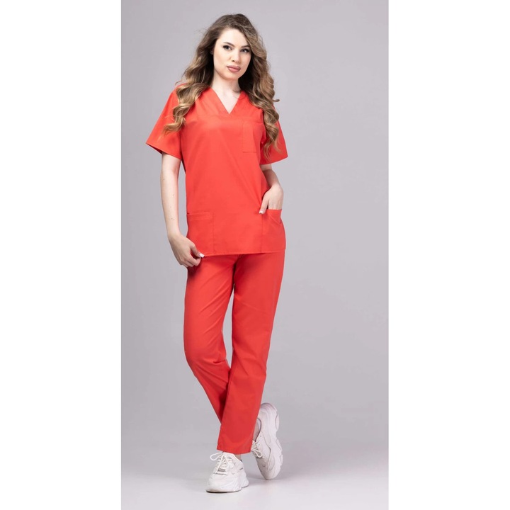 Costum medical de dama Women New ClassIQ, Bluza si pantalon, Corai, 4XL