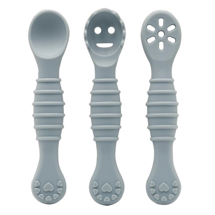 YakiHoki Szilikon Baba Evőeszköz Készlet, 4 Részes, 6+ Hónap, 3 Önetető Kanál és 1 Eper Alakú Fogíny Játék, BPA Mentes, Élelmiszeripari Szilikon, Hőálló, szürke