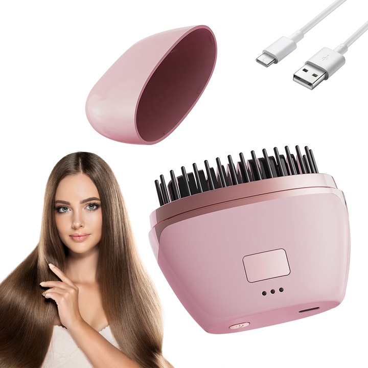 Електрическа четка за коса, DONFANLIA®, за обем и бързо изправяне, отрицателна йонизация, 3 температурни степени, подходяща за всички типове коса, зареждане с USB Type-C, розова