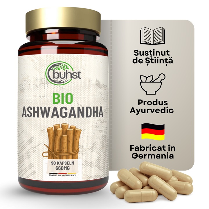 BUHST BIO Ashwagandha Étrend kiegészítő kapszula, 660 mg, Prémium, Vegán, Ashwagandha Kivonattal, Stresszoldó és Relaxáló Adaptogén, Immunitás, Energia, Vitalitás, Mentális Koncentráció, Érzelmi Egyensúly, Nyugodt Alvás és Általános Egészség