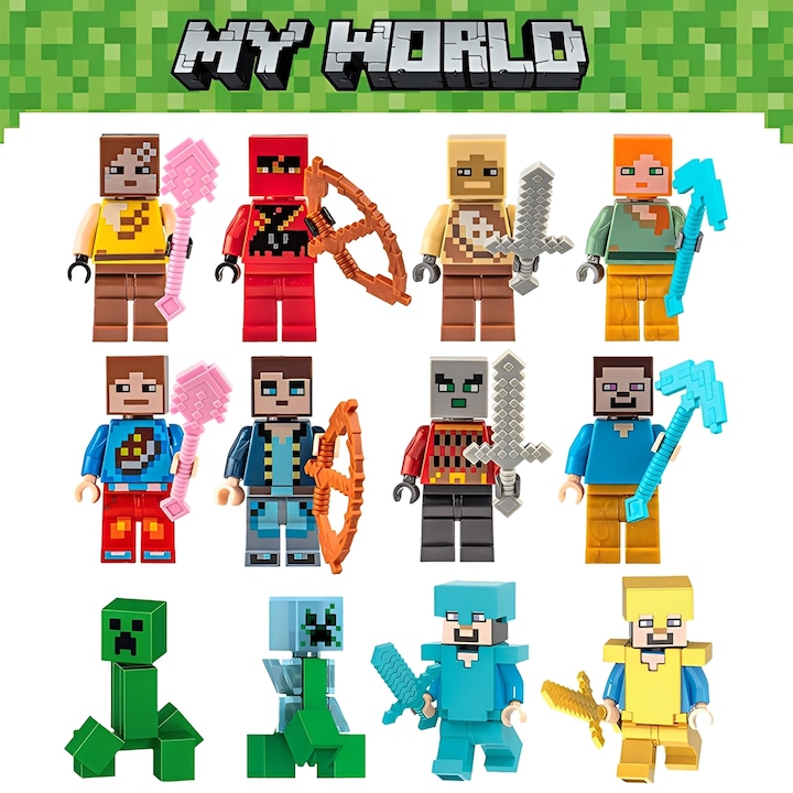 Комплект фигурки Minecraft, 12 броя, FunShop, Декорации за торти, Подходящ за деца над 3 години, Фигурки, ABS пластмаса, 4-5см