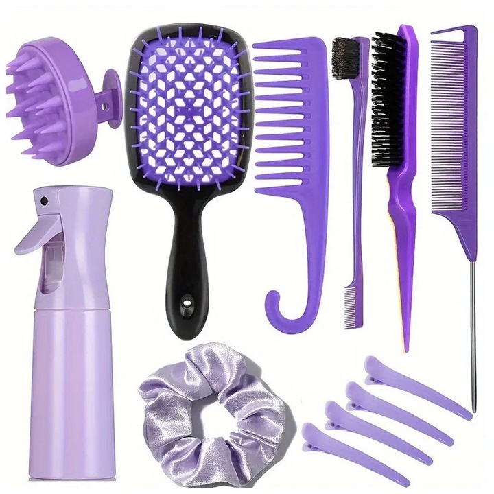 Set Coafat Perii de Par 12 piese, Esther Beauty®, Set Profesional pentru Coafat cu Perie de Masaj Scalp, Reduce Incretirea, Demiscare & Stilizare Usoara, Inclus Spray pentru Par, Violet