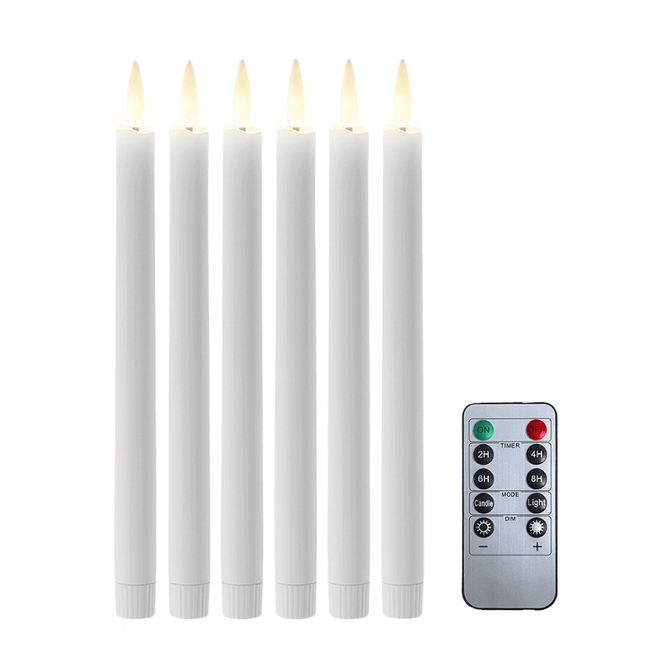 6 lumanari electronice fara flacara, control prin telecomanda cu 10 functii (inclusiv timer 2H/4H/6H/8H, moduri si reglaj luminozitate), lumanari LED cu fitil 3D din ceara reala, ideale pentru decor de Craciun, nunta, ferestre si interior, Ivory