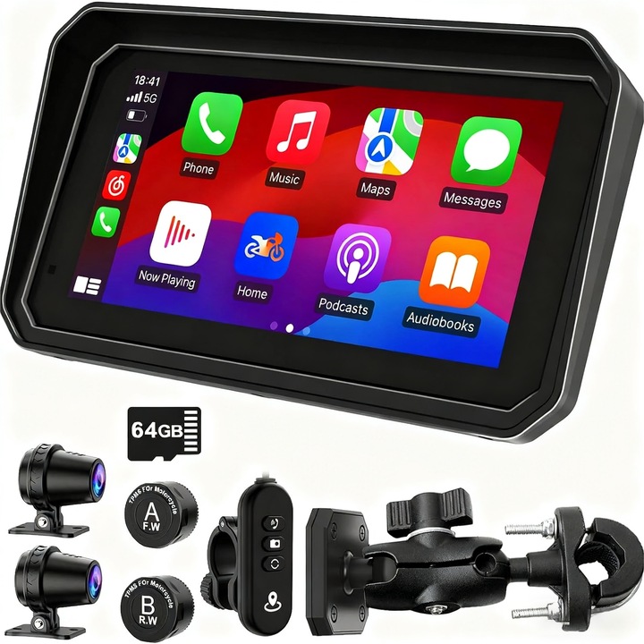 Camera Video pentru Motocicleta, WALALLA, cu Monitorizare Presiune Anvelope (TPMS), Sistem Navigatie, Ecran Tactil Impermeabil 6 inch, 1080P, CarPlay si Android Auto, Senzor G, Card Memorie 64GB, GPS/WiFi/Vedere Nocturna, Negru