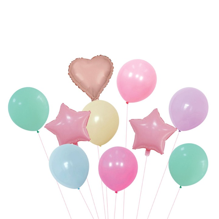 Lufi Szett Partyra, 10 Darab, Fémhatású és Latex, Csillag és Szív Formák, Többszínű, MYONNA IT & E- COMMERCE ®