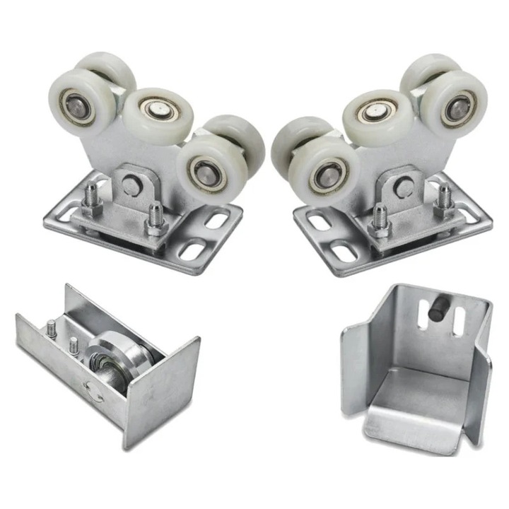 Set 2 carucioare din poliamida, 5 role si accesorii profil, pentru poarta culisanta-sina, 70 x 70 x 4 mm