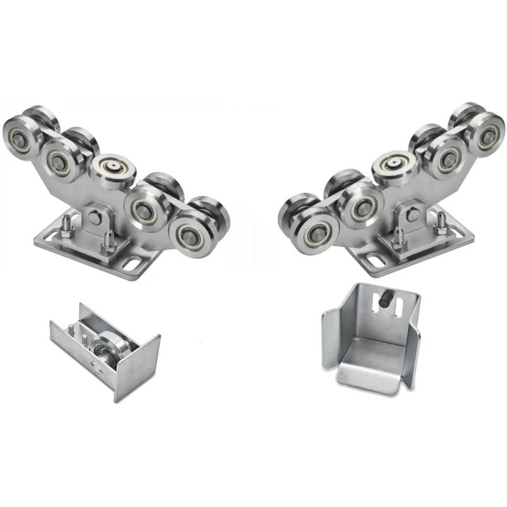 Set 2 carucioare cu 9 role din otel pentru poarta culisanta, accesorii, sina 80x80x5 mm