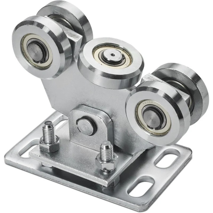 Carucior cu 5 role pentru poarta culisanta, din otel, reglabil vertical si orizontal, sina 80x80x5 mm