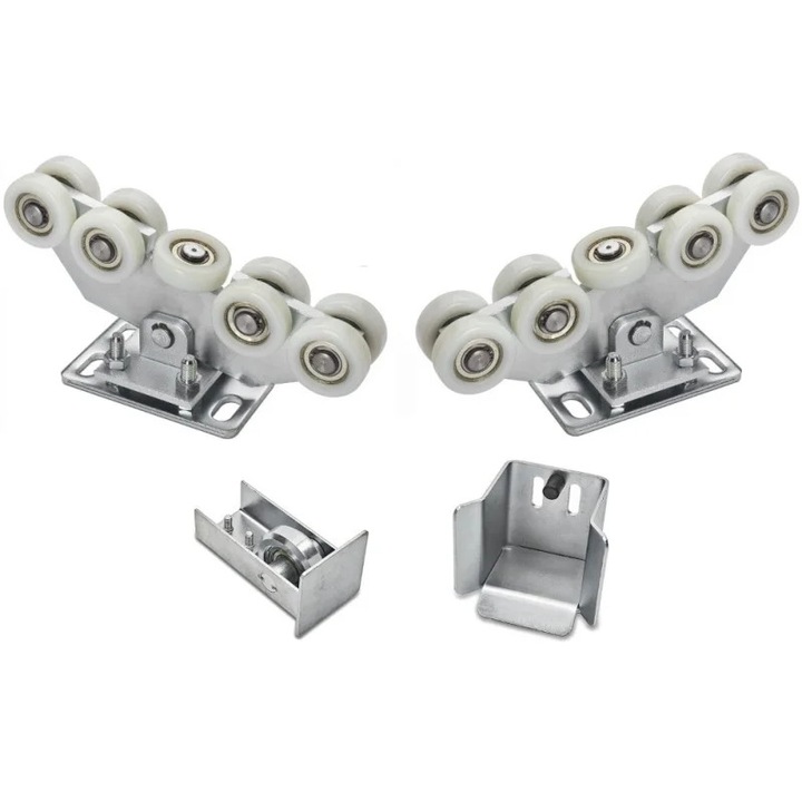 Set 2 carucioare din poliamida, 5 role si accesorii profil 80 x 80 x 5 mm, pentru porti culisante, argintii