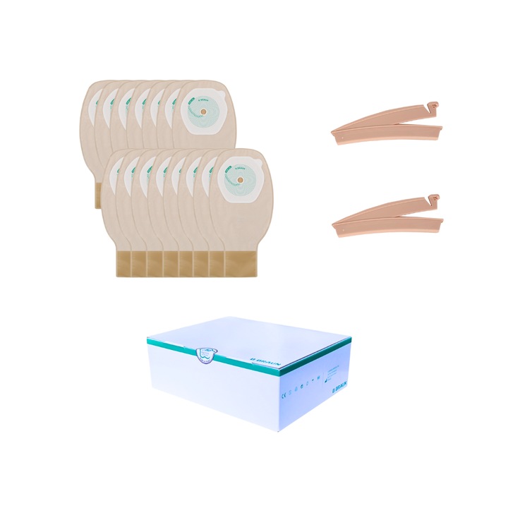 Set 15 pungi de colostomie/ileostomie, B Braun, 10-70 mm, cu evacuare, clema, bej deschis