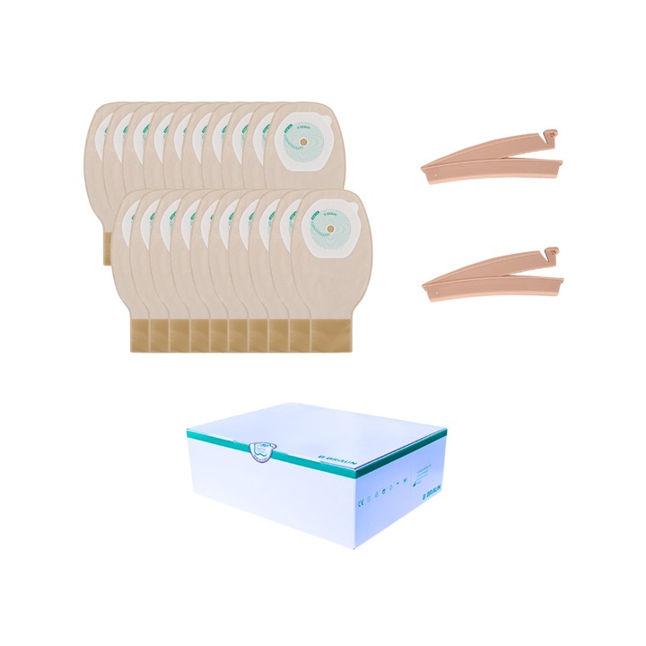 Set 20 pungi de colostomie/ileostomie, B Braun, 10-70 mm, cu evacuare, clema, bej deschis