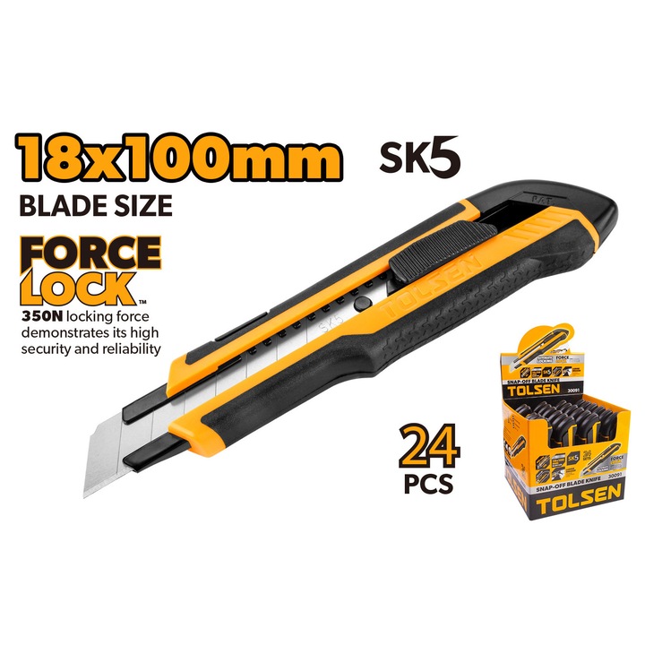 Cutter snap-off TOLSEN 18x100 mm, lama SK5, maner ergonomic anti-alunecare, dispozitiv de rupere, buton autoblocant, rezistent si eficient pentru taiere precisa