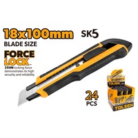 Cutter snap-off TOLSEN 18x100 mm, lama SK5, maner ergonomic anti-alunecare, dispozitiv de rupere, buton autoblocant, rezistent si eficient pentru taiere precisa, rezistenta la uzura, schimbare rapida a lamei, durabilitate ridicata si prindere ergonomica