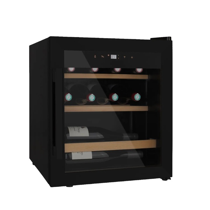 Racitor de vin LES PETITS CHAMPS, CAVCB15, pentru HoReCa/baruri/rezidential, 15 sticle, H 51.7 cm, o zona de racire, temperatura reglabila 4-18°C, usa anti-UV, sistem anti-vibratii, iluminare interioara LED, 3 rafturi din lemn, design modern, negru