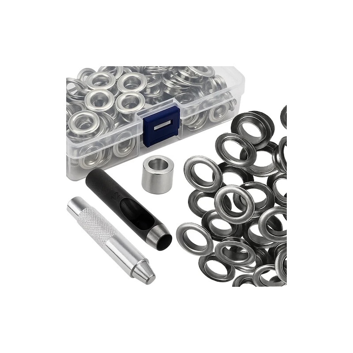 100 darabos ponyvarögzítő gyűrű készlet, 12 mm/20 mm, acél és PP, 14,5 x 8,2 x 3,5 cm, ezüst