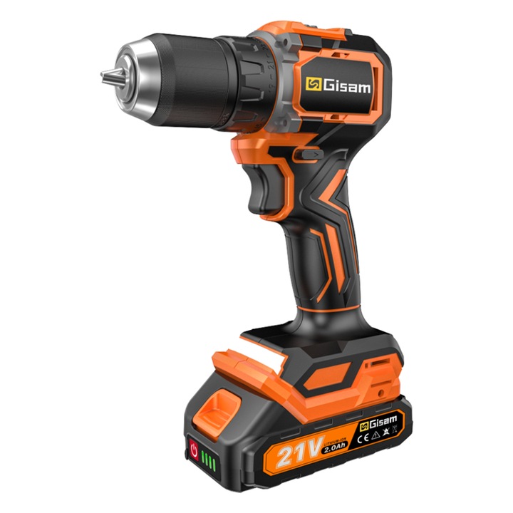 Акумулаторна бормашина GISAM, 85Nm, 2 батерии 20V 2Ah Li-Ion, 23+2 настройки на въртящия момент, 28 аксесоара, пластмасова кутия