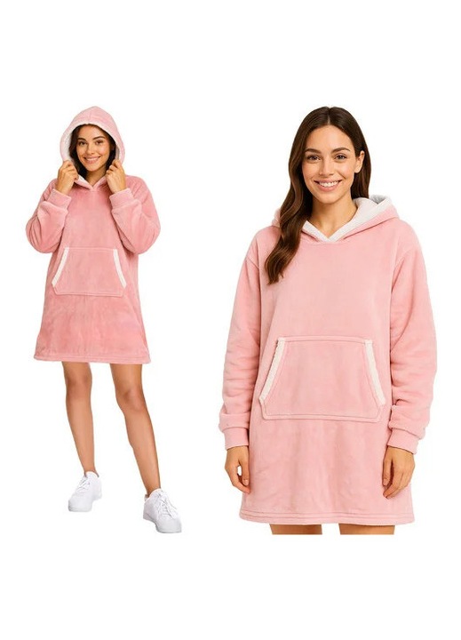 XXL-es takarós pulóver, kapucnival és zsebbel, túlméretezett, puha anyagból, rózsaszín