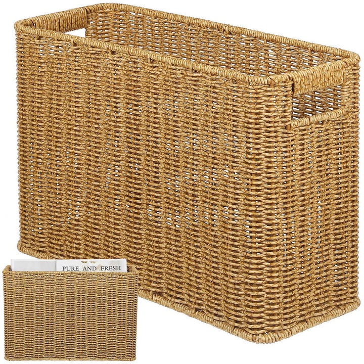 Cos de depozitare din plastic, imitatie rattan, maro, 38x26x15cm, 1 buc