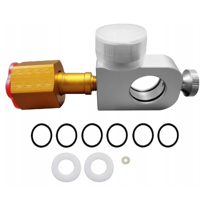 Adaptor Sodastream Cu Conector Quickconnect Si Manometru, 6X Garnitura Neagra Pentru Orificiu, 2X Garnitura Alba Pentru Supapa Rezervorului, 1X Garnitura Galbena Pentru Buton, Multicolor, 14x6x4.5 cm, Calitate Inalta Din Aluminiu Si Cupru