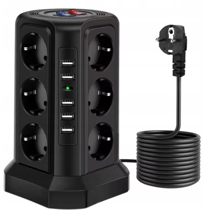 Захранващ разклонител със защита от мълнии Lt-01, Бял, 20x12x12 см, 12 мрежови контакта по 3 на всяка страна, 5 USB порта 5V DC, 2 отделни превключвателя за изключване на контактите или USB портовете