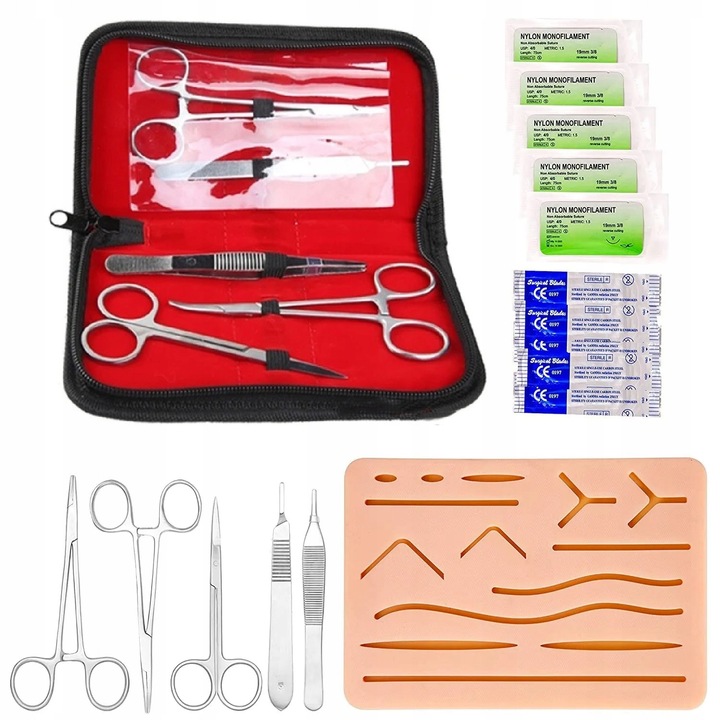 Set De Invatare A Suturii Chirurgicale, 10.5x7.5x10 cm, Reutilizabil, 5 Instrumente Chirurgicale Diferite, 5 Seturi De Fire De Nylon De 75 cm, 5 Ace, 10 Bucati