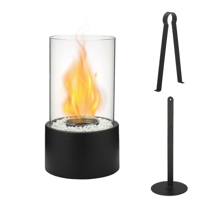 Semineu de masa din inox si sticla, negru, 28x16x14cm, pentru interior si exterior