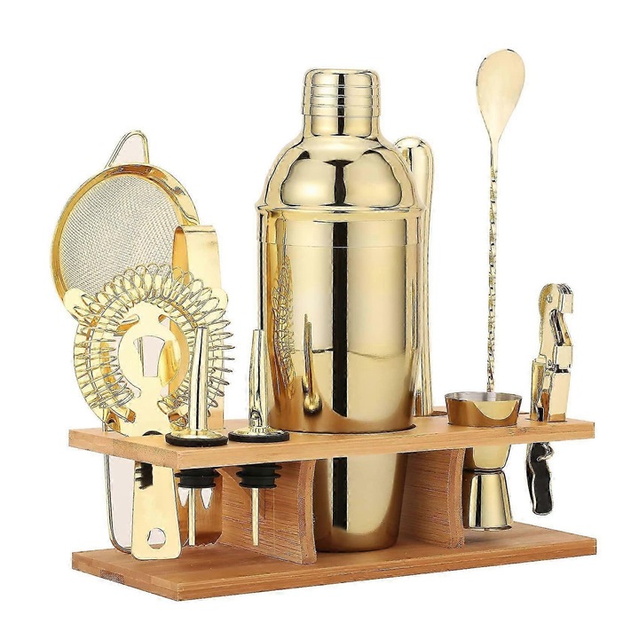 Set de bar 11 piese, shaker aurit 25oz, lingura de amestec, muddler, suport din bambus