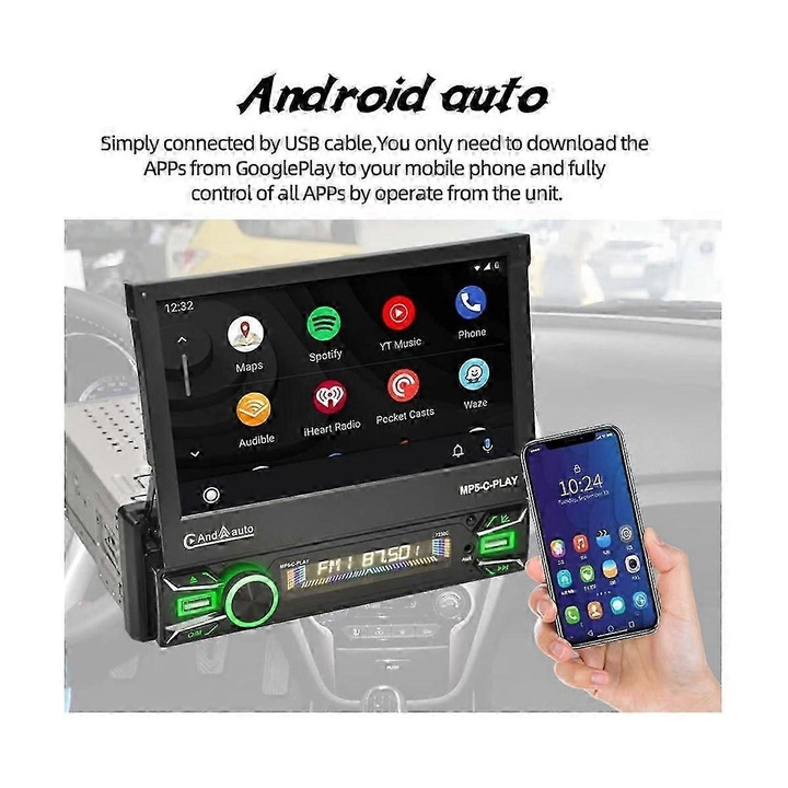 Radio auto 1Din, 7 inch, Bluetooth, Negru
