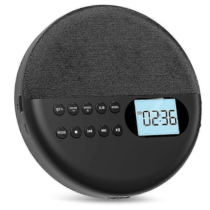 Player CD portabil cu Bluetooth, dual boxe stereo, acumulator reincarcabil, negru