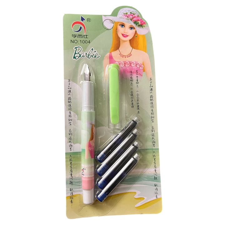 Stilou anime cu penita in V si 4 rezerve albastre Barbie