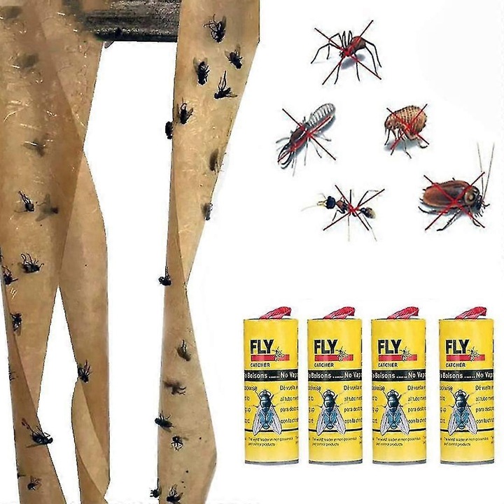 Set 8 benzi adezive pentru capturarea mustelor, 80cm, utilizare interioara si exterioara, fara substante chimice