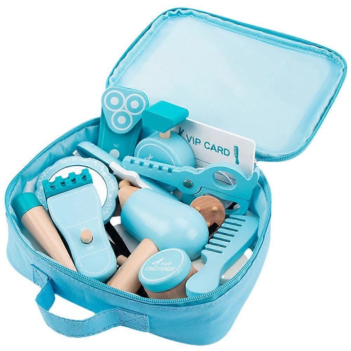 Set jucarii de salon de coafura din lemn, 22x16x8cm, culoare albastru cer, pentru copii