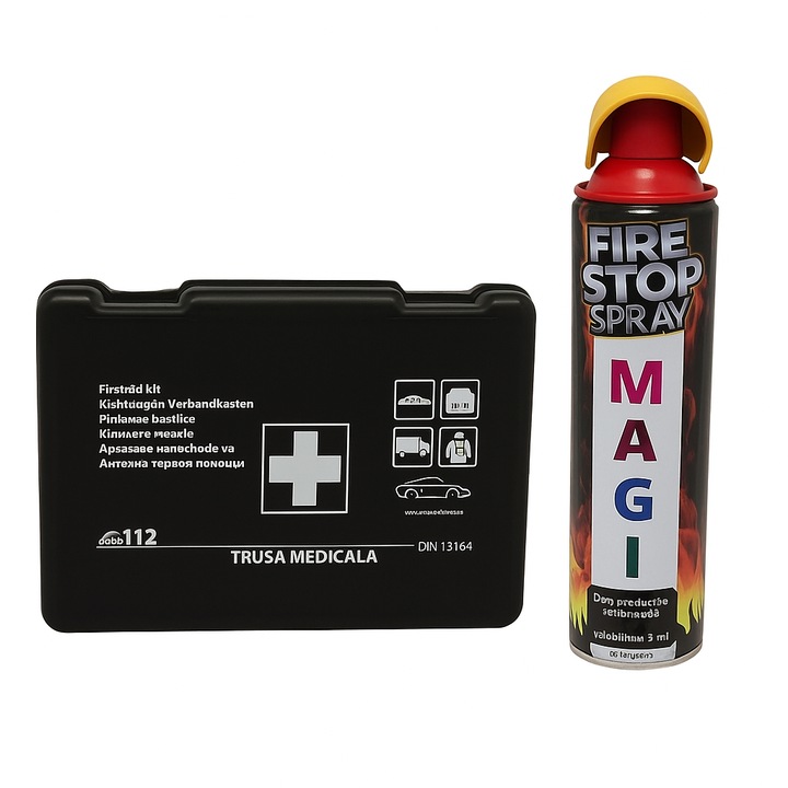 Kit siguranta trusa medicala + stingator, Trusa medicala omologata, Stingator tip spray FIRE STOP 1000ml