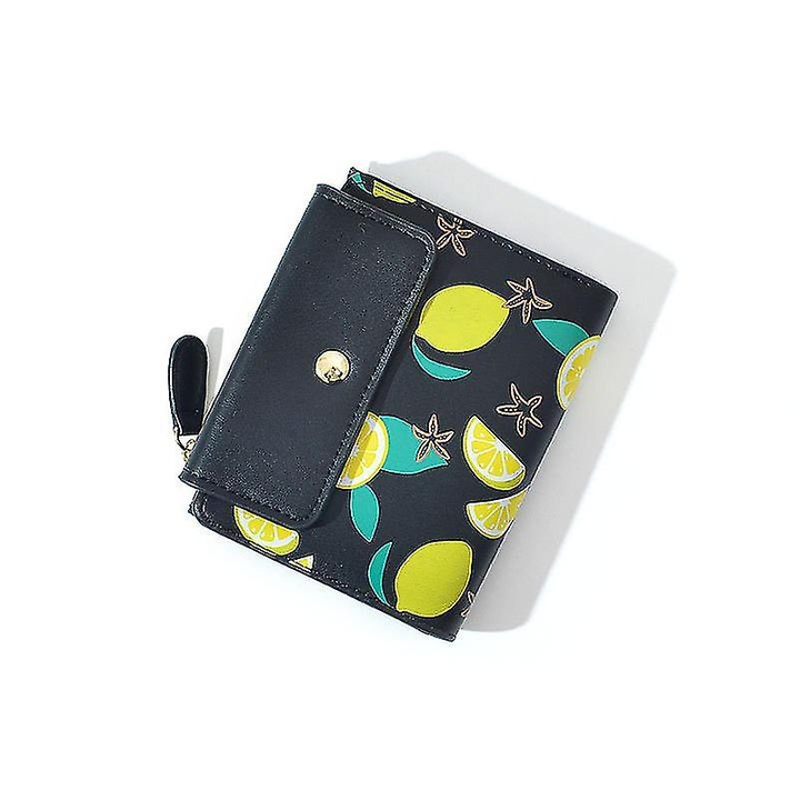 Дамски малък тристранен портфейл с принт лимон, 6 отделения за карти, отделение за банкноти, жълт, 10x12.5x1.8см