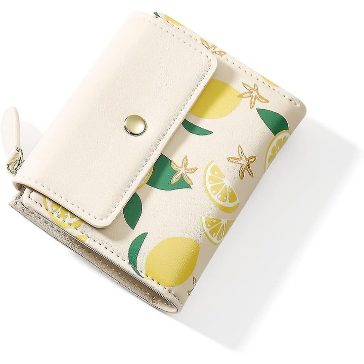 Малко дамско тройно портмоне с лимонов принт, 6 отделения за карти, отделение за банкноти, жълто, 10x12.5x1.8см