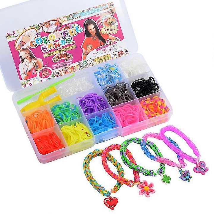 Set de artizanat cu benzi elastice colorate, 600+ benzi, accesorii pentru bratari, cutie de depozitare transparenta