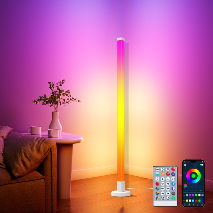 Lampa de podea din colt, Dengfire Modern Smart LED Corner Lamp, Lumina ambianta, RGB, 150cm Inaltime Led Dynamic, Aplicatie pentru telefon inteligent, Senzor de muzica, Telecomanda, Culori 16M