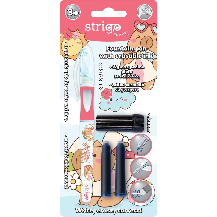 Stilou Strigo cerneala cu stergere + 2 rezerve + dispozitiv curatare, in blister, Capybara, roz