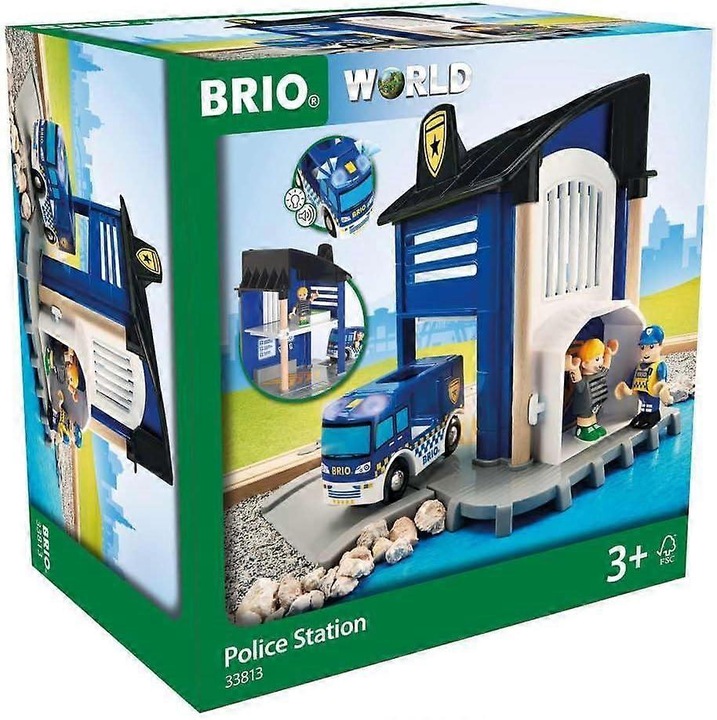 Set Politie BRIO, 1 Statie, 1 Rampa, 1 Vagon, 1 Masina de Politie, 2 Figurine, 23.6x19.8x18.8cm