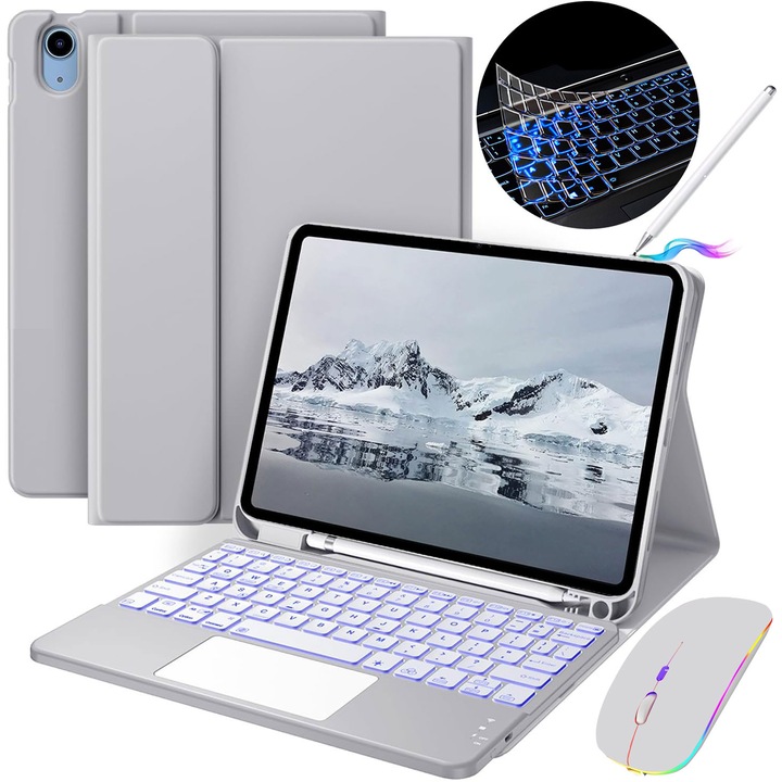 Калъф с тъчпад клавиатура, JODAKOR®, за iPad 10 Gen.2022 10,9" и iPad 11 (A16) 2025, безжичен, Bluetooth, 7-цветна подсветка, със стилус, мишка, силиконова мембрана за клавиатура, сив