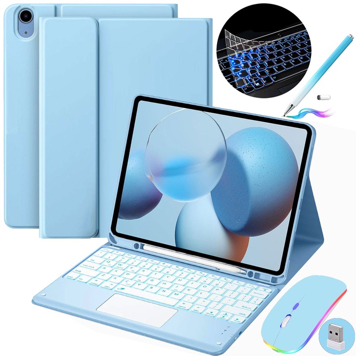 Husa Cu Tastatura Touchpad, JODAKOR®, Pentru iPad 10 Gen.2022 10,9" si iPad 11 (A16) 2025, Fara fir, Bluetooth, Iluminare De Fundal in 7 Culori, Cu Stilou, Mouse, Membrana Din Silicon Pentru Tastatura, albastru