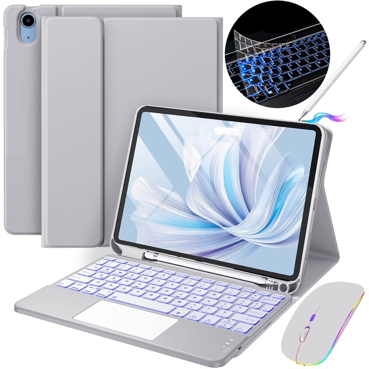 Калъф с тъчпад клавиатура, JODAKOR®, за iPad Air 11 инча (M2, 2024/M3 2025) и Air 4/5 Gen., безжичен, Bluetooth, 7-цветна подсветка, с писалка, мишка, силиконова мембрана за клавиатура, сив