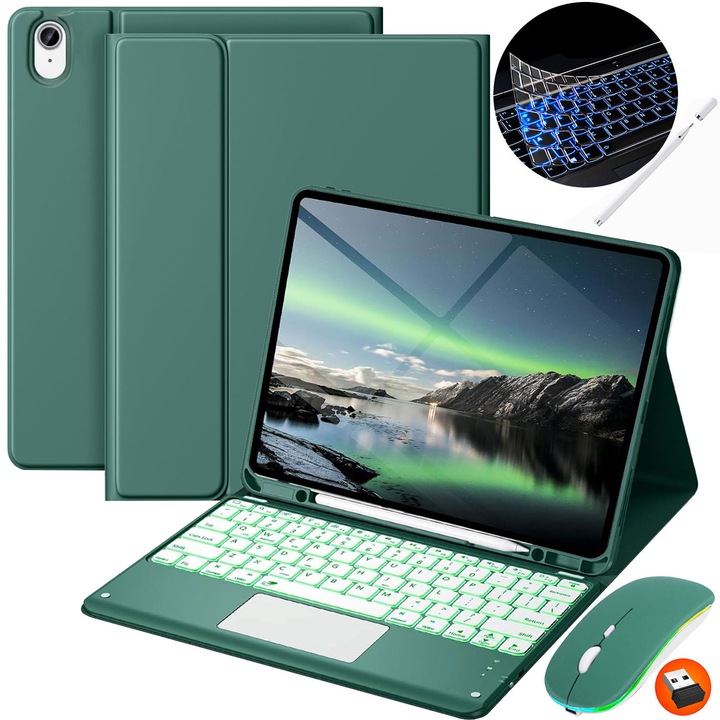 JODAKOR® billentyűzetes tok érintőpaddal, iPad Air 11 hüvelykes (M2, 2024/M3 2025) és Air 4/5 Gen. modellekhez, vezeték nélküli, Bluetooth, 7 színű háttérvilágítás, ceruzával, egérrel, szilikon billentyűzetborítással, sötétzöld